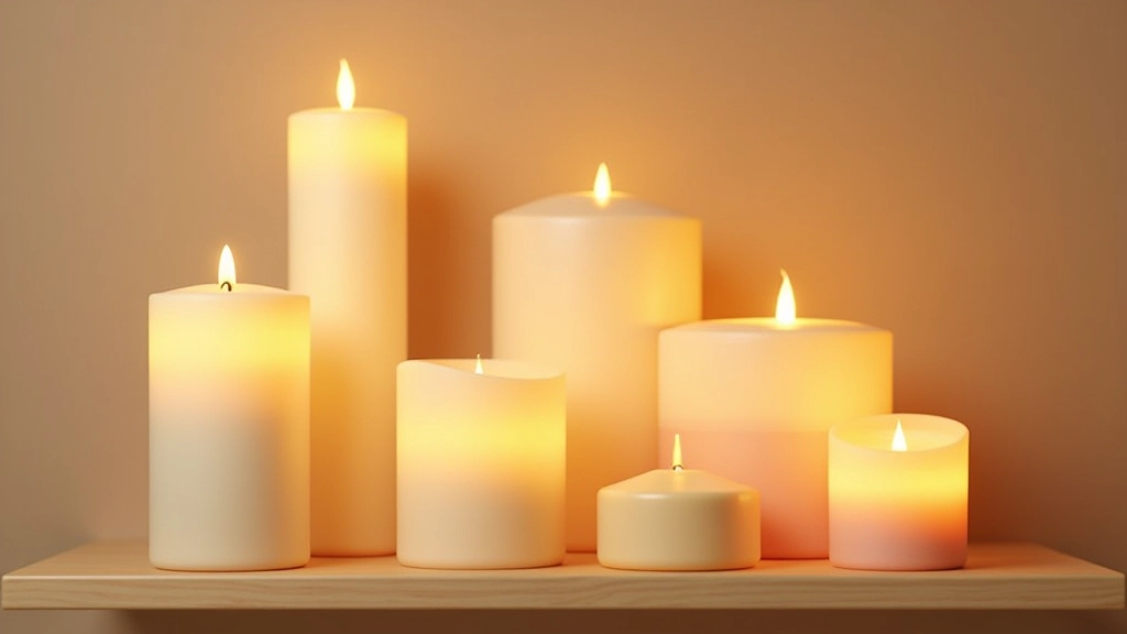 Collection of various scented candles with different heights and warm colors arranged on shelf