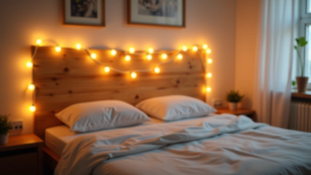 String lights draped above wooden headboard in minimalist bedroom with warm ambient glow