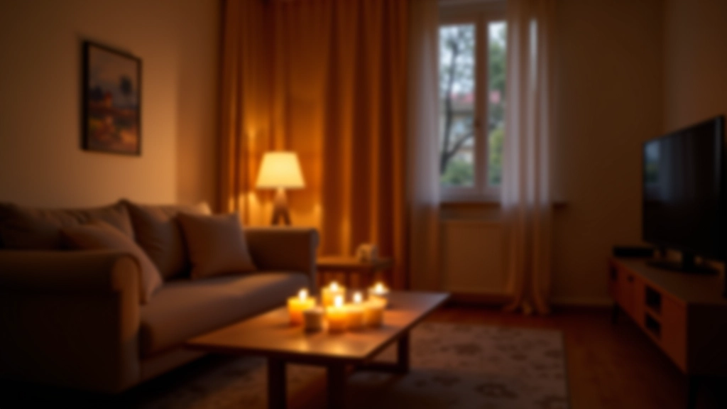 Complete layered lighting setup in living room with overhead light, table lamp, and candles creating warm, inviting atmosphere