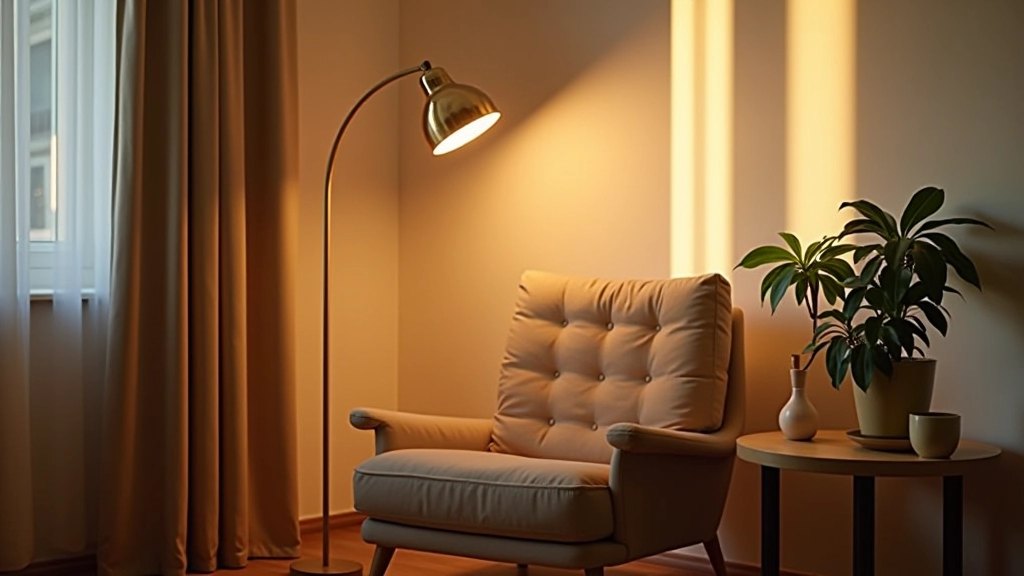 Living room corner with arc floor lamp creating warm glow over comfortable armchair and side table with plants