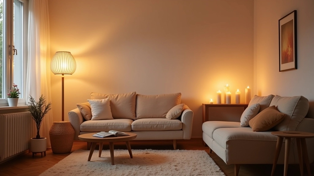 Living room with reading nook and warm lighting