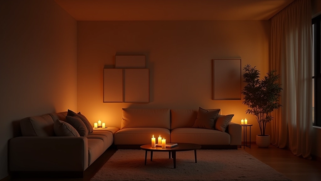 Warm, inviting living room with layered lighting creating cozy atmosphere and soft ambiance