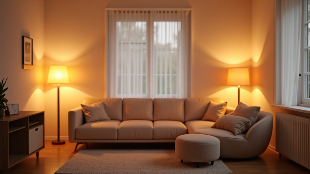 Bright, airy living room with multiple light sources creating layers of illumination