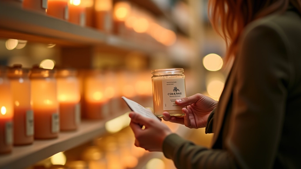 Person reading candle label and checking ingredients and wax type information