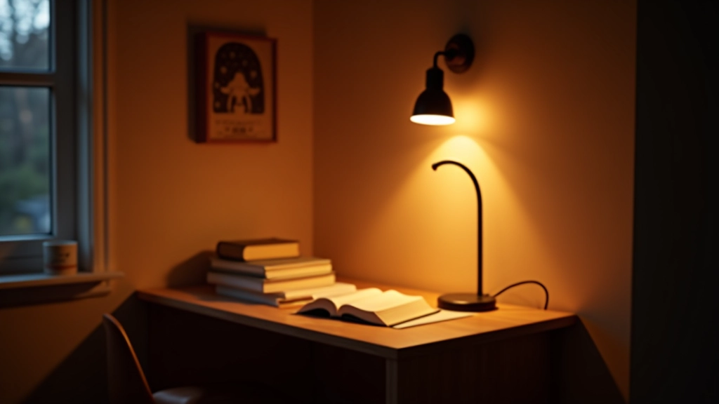 Small study nook with layered lighting showing brighter task light and softer ambient glow