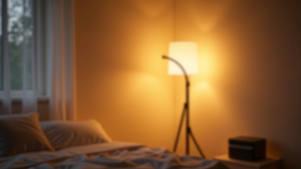 Corner of bedroom with tall floor lamp creating upward light that draws eye toward ceiling