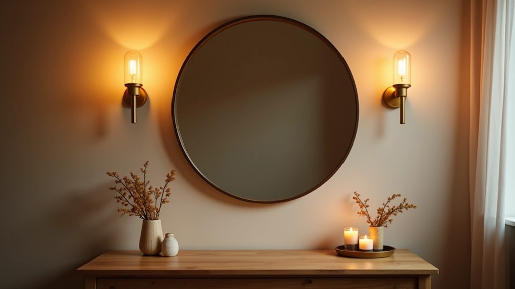 Wall-mounted brass sconces on either side of framed mirror above wooden vanity table