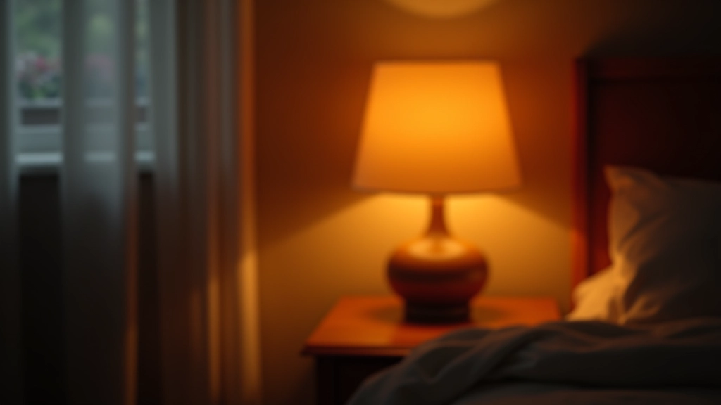 Bedside table lamp with warm light creating a reading zone, soft shadows on bedroom wall