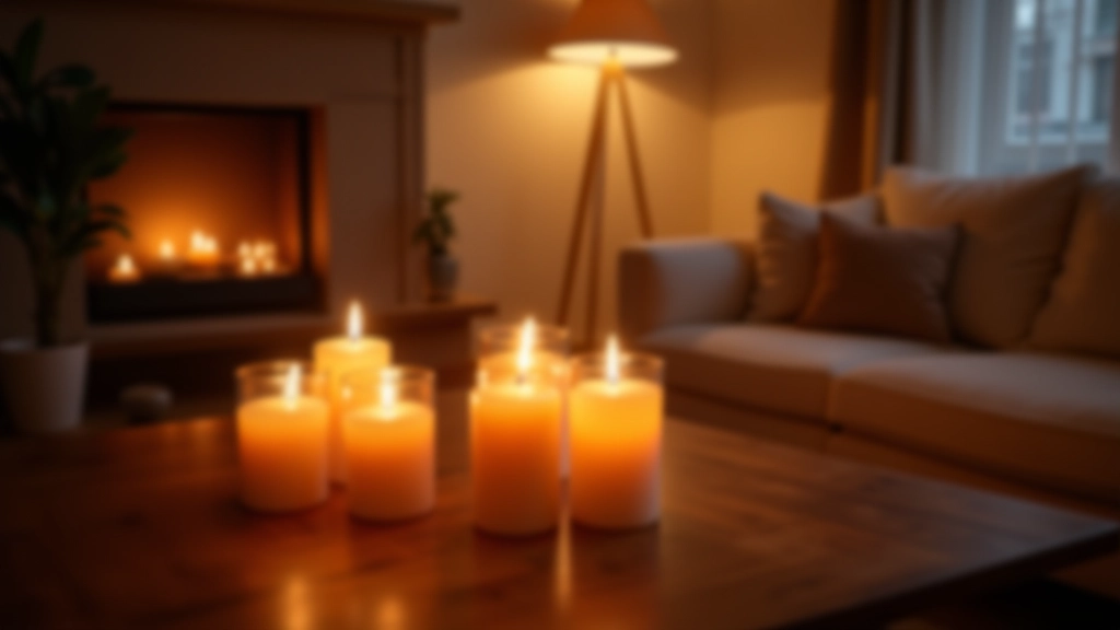 Cozy living room with warm candlelight and soft lamp glow on wooden side table