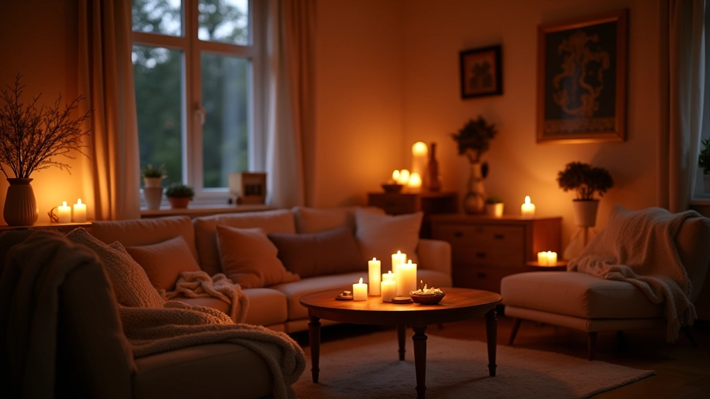 Warm cozy living room with soft lighting and comfortable furnishings