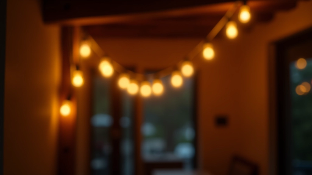 Close-up of warm white string lights with Edison-style bulbs strung across dark wooden beam in modern apartment